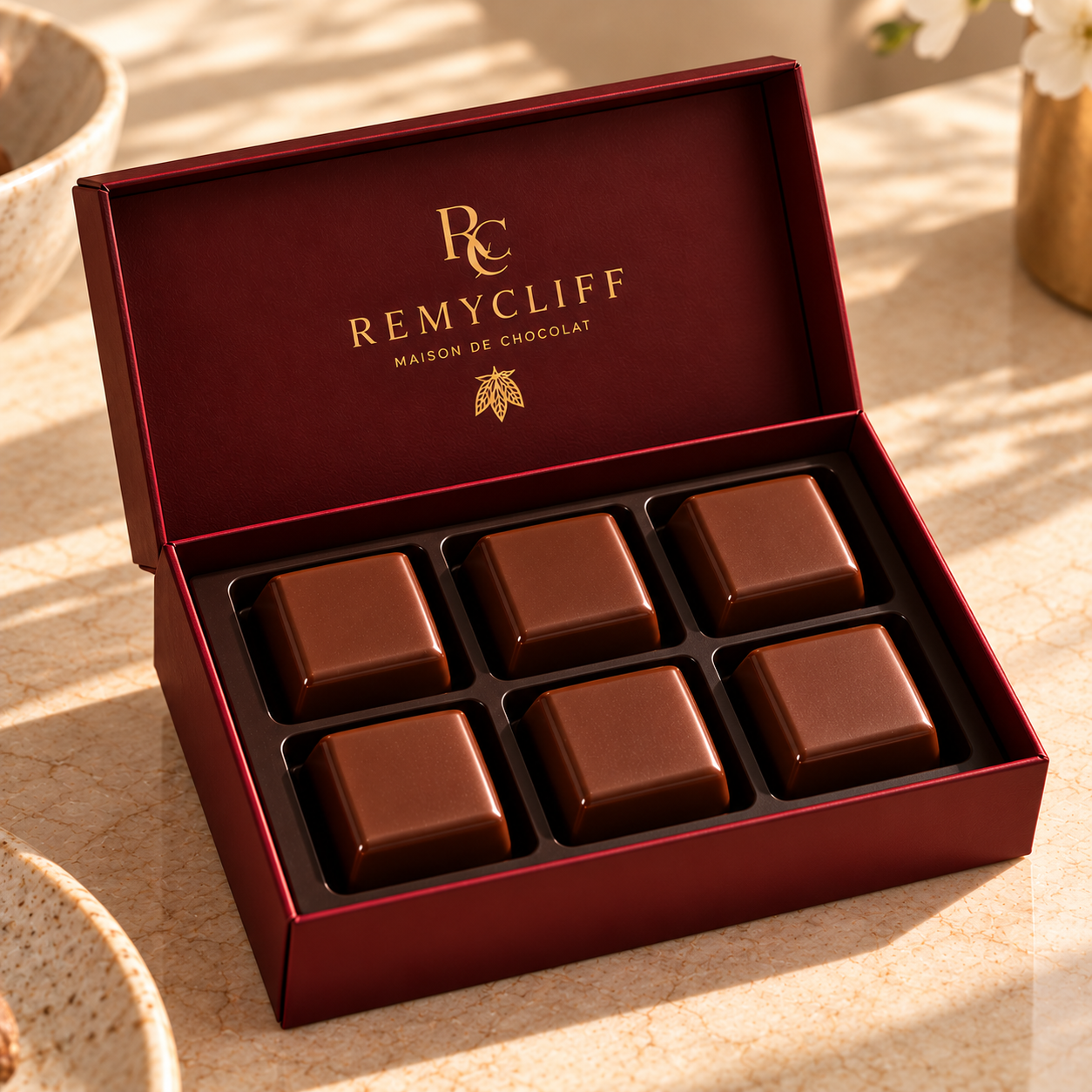 Remycliff SIGNATURE open burgundy box with six filled chocolates