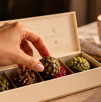 A hand reaching for a PURE protein bite in its ivory box