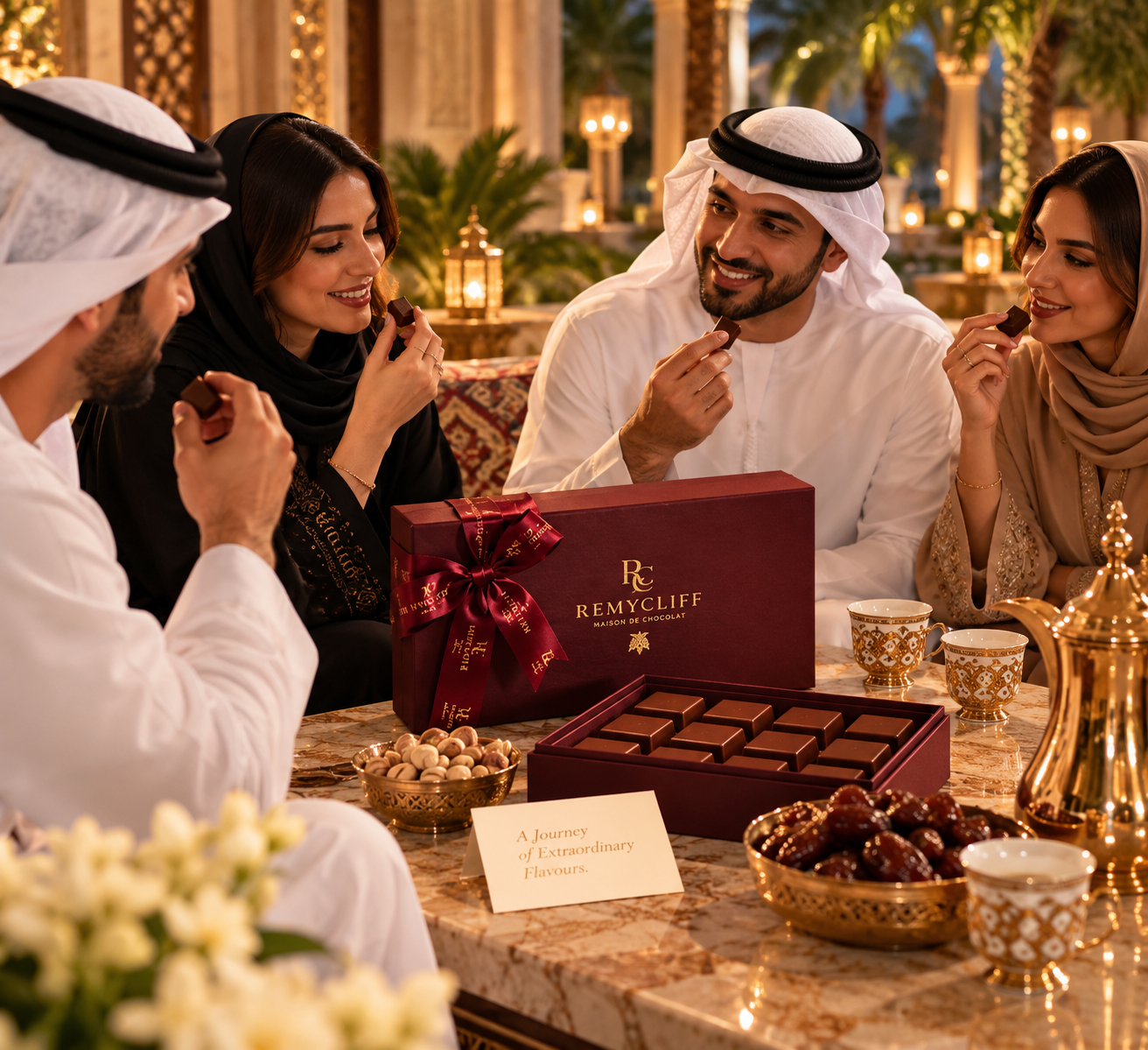 Friends and family sharing Remycliff chocolates around a table